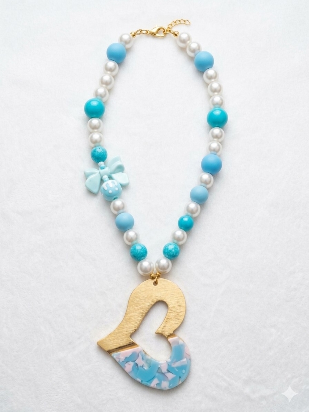 Aqua Blue Pearl Necklace with Gold Heart Pendant